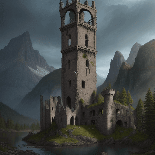 AI generated: 
"medieval magical stone tower in ruins, with decaying wooden supports, in a glen surrounded by a la...