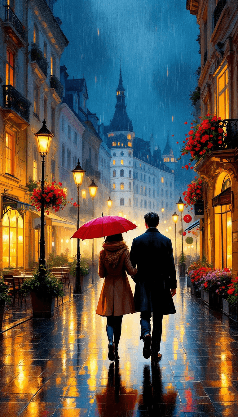 AI generated: A romantic oil painting in the impasto style of Leonid Afremov, set on Spiegelgasse — a narrow, wind...