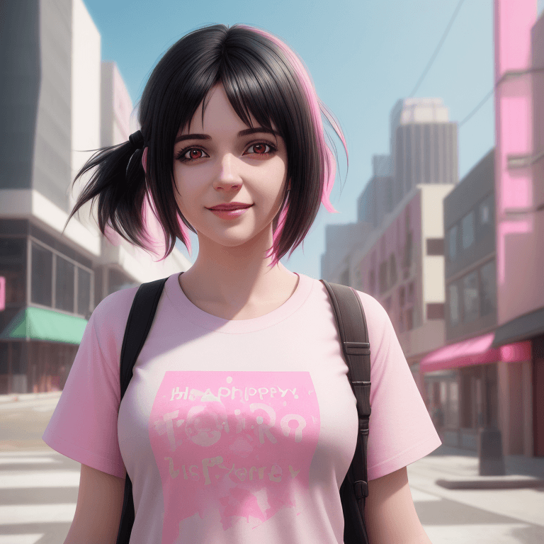 AI generated: high detail, octane render, a girl with happy, wearing t-shirt with white pink color, black hair, do...