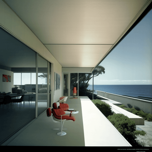 AI generated: Hyper realistic eye level exterior photo of a mid century modern style house overlooking the ocean, ...