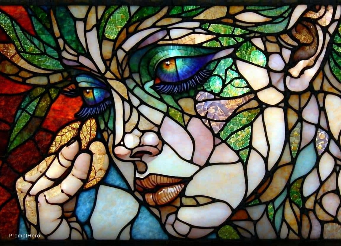 AI generated: stained glass art of goddess, mosaic-stained glass art, stained-glass illustration, close up, portra...