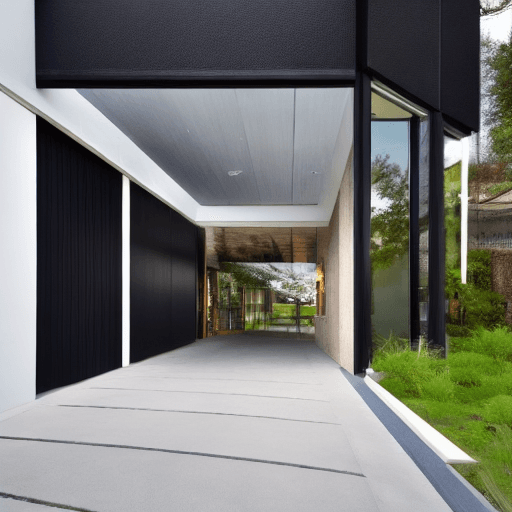 AI generated: Modernist building, black acm cladding, entry doors lamborghini butterfly doors, 