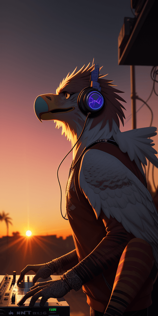 AI generated: (nvinkpunk:1.2) (snthwve style:0.8) DJ eagle, headphone, anthro, lightwave, sunset, intricate, highl...