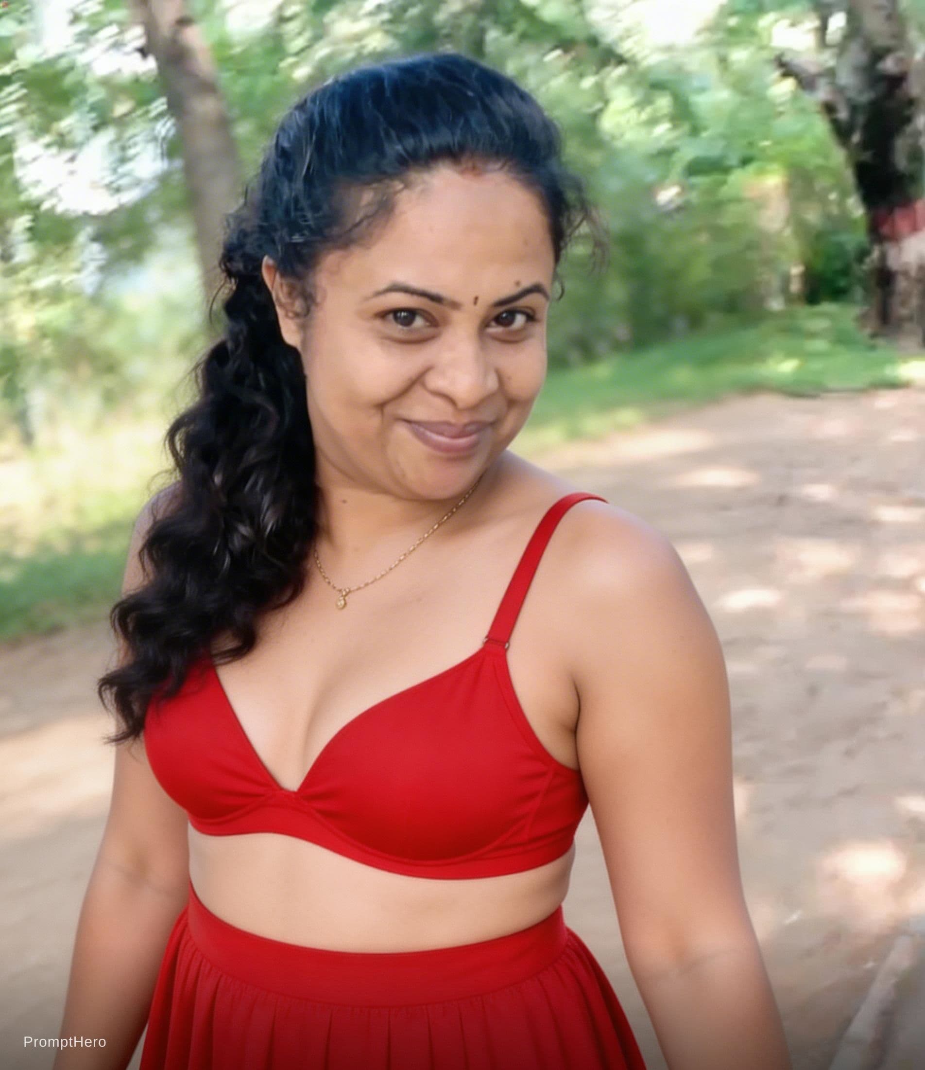 AI generated: Red bra and skirt 30yers old woman 
