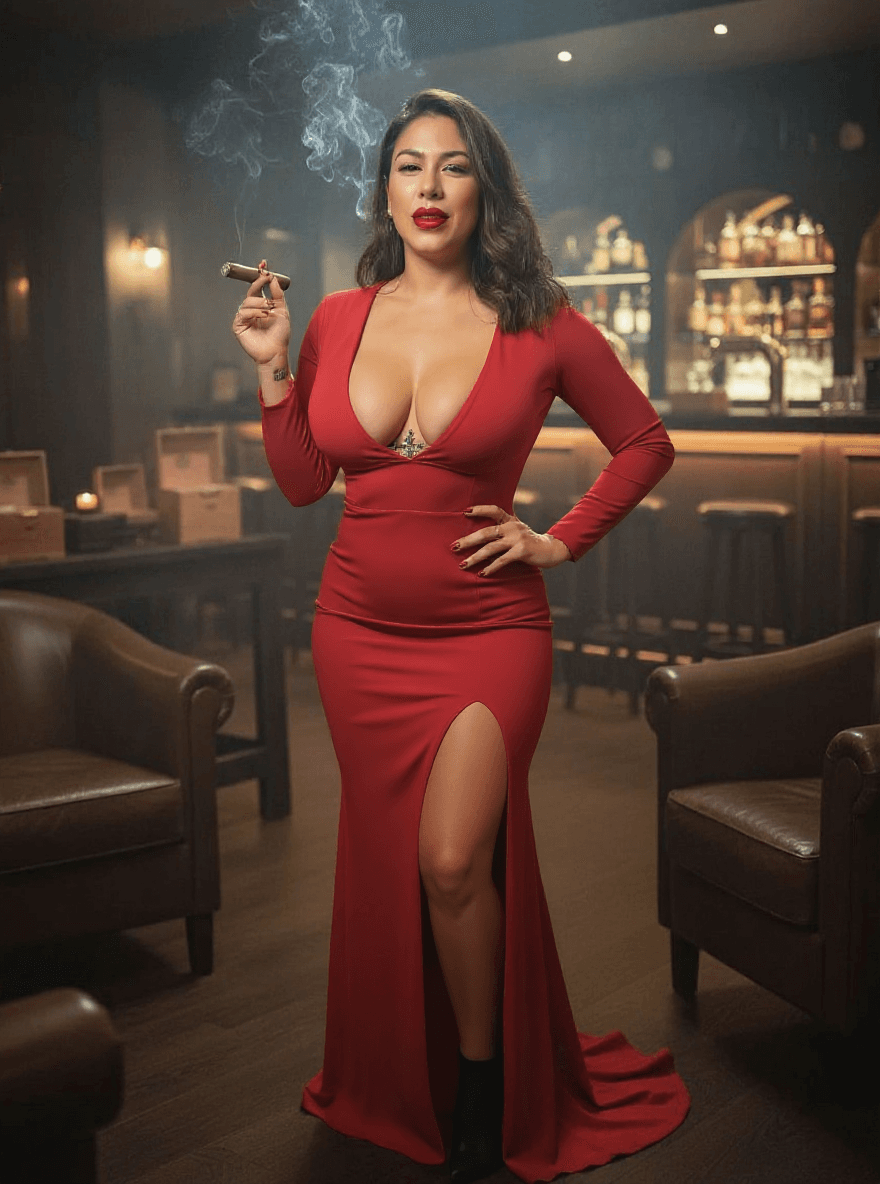 AI generated: thinner waist, enhanced fuller pushed up extremely lifted cleavage, fuller botox  lips
