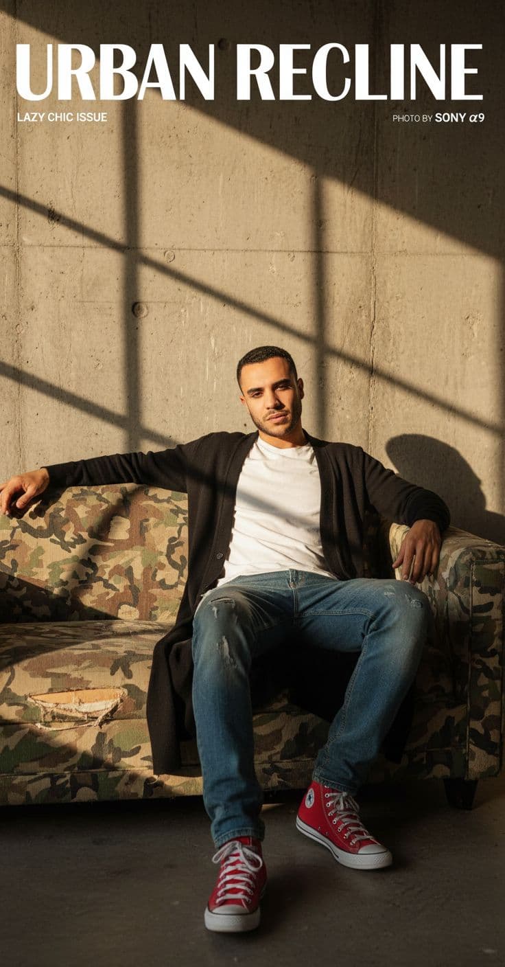 AI generated: photography, magazine cover, tilt shot, male model lounging on a worn camouflage sofa, casually dres...