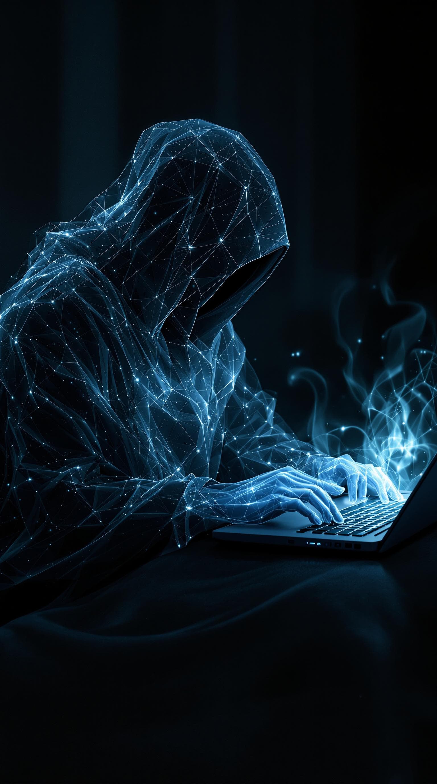 AI generated: A ghostly figure using a laptop, photorealistic, highly detailed, high contrast
