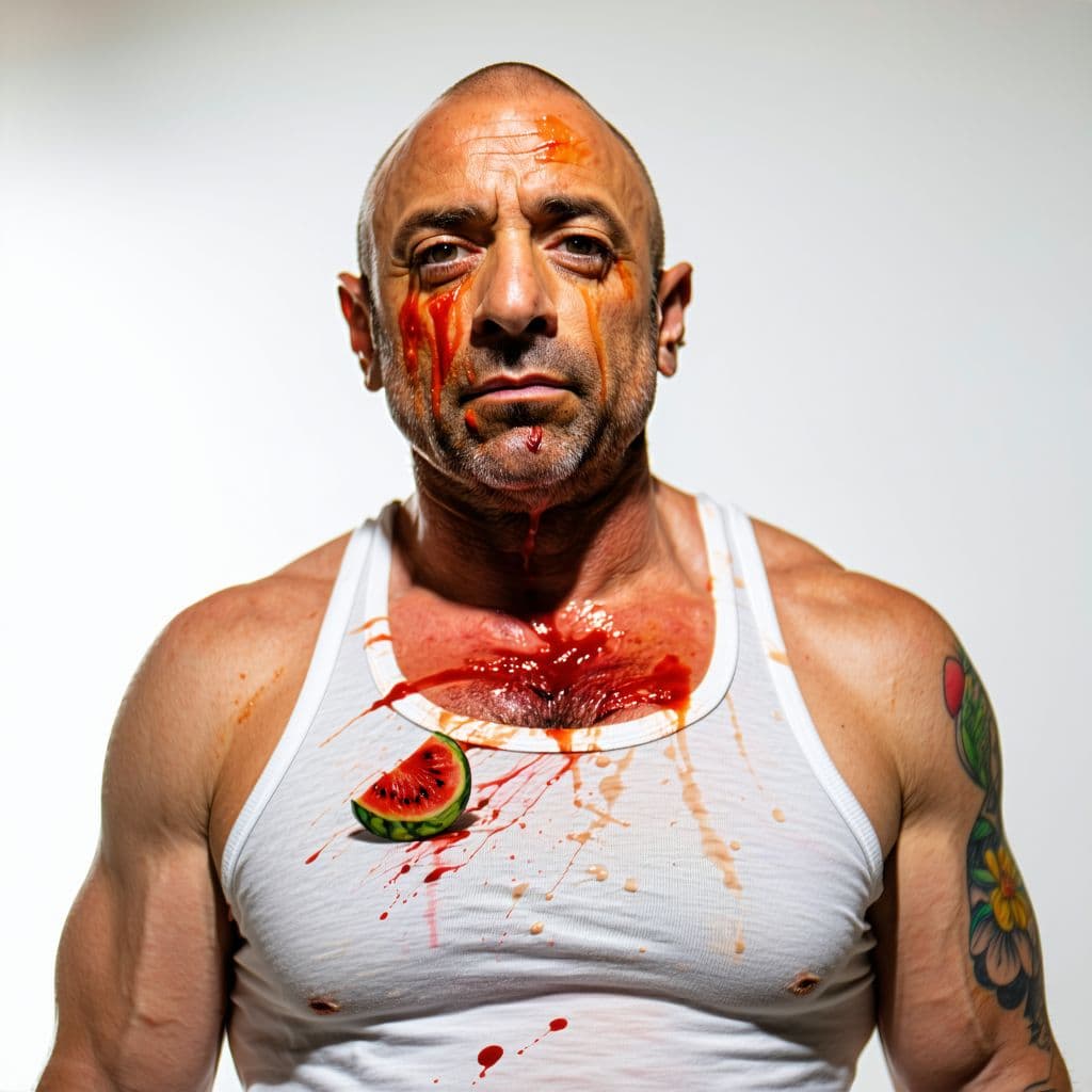 AI generated: freaky ahh Joe rogan wearing a fruity stain wifebeater