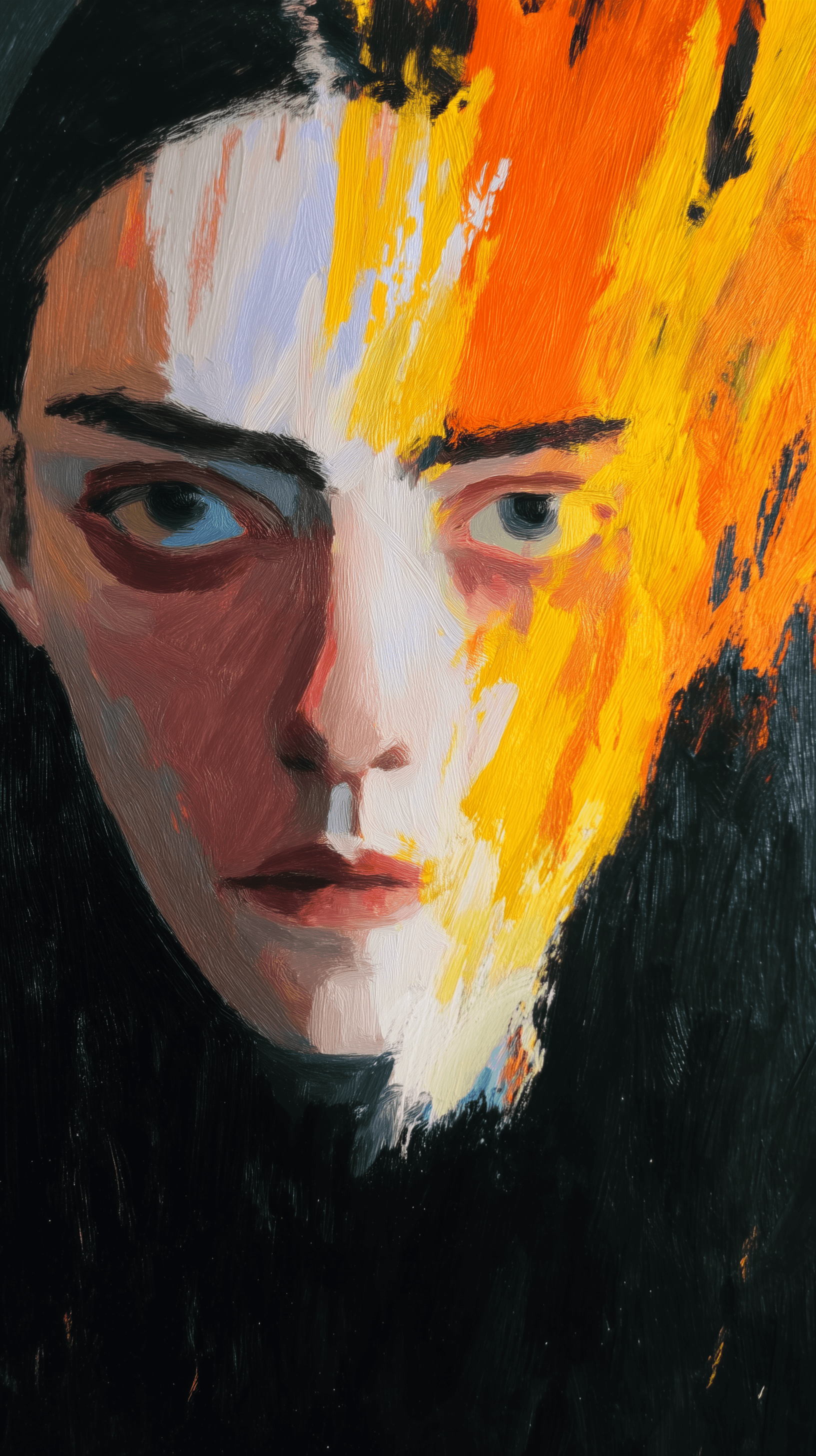 AI generated: artistic, oil painting, portrait of girl, serious gaze with fire, nihilism, grainy touched, minimali...