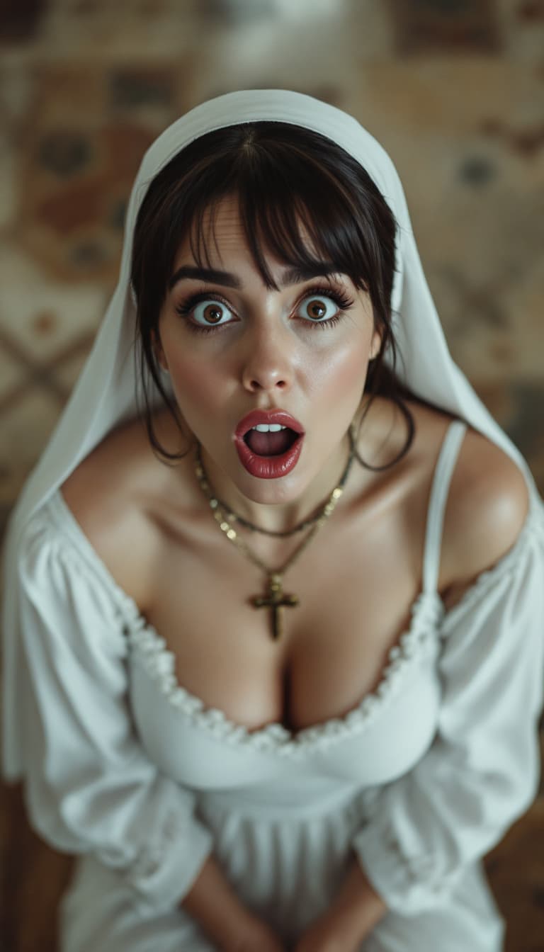 AI generated: sexy nun above view front (the priest's vision pov) mature woman taking communion receiving the osti...