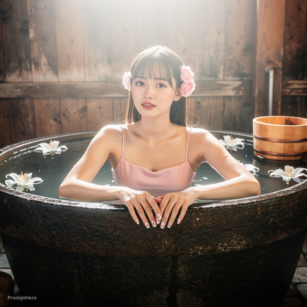 AI generated: A high-quality, photorealistic portrait of a beautiful young Asian woman soaking in a large, dark ru...