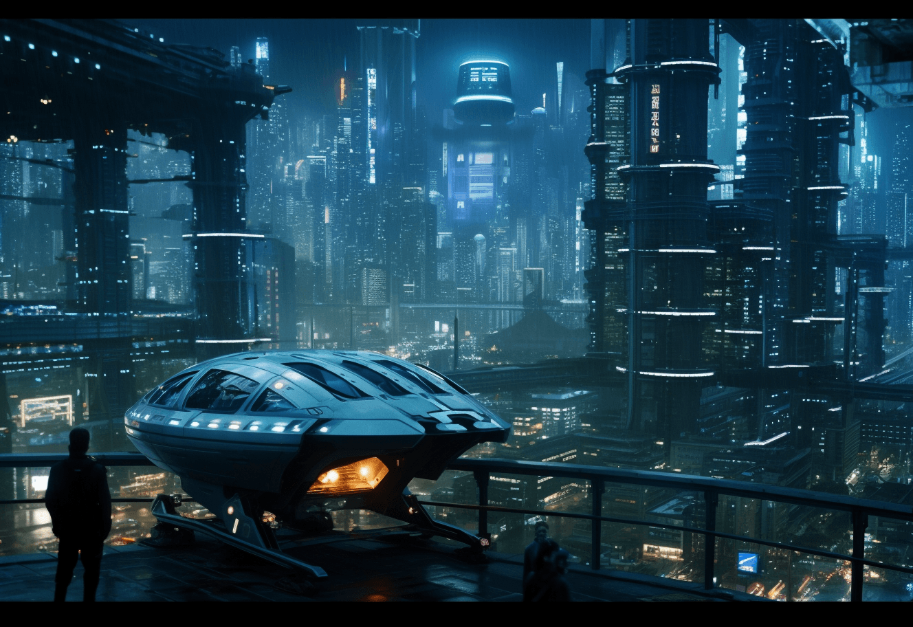 AI generated: A still from the movie Blade Runner shows flying cars in a futuristic city at night. The building ha...