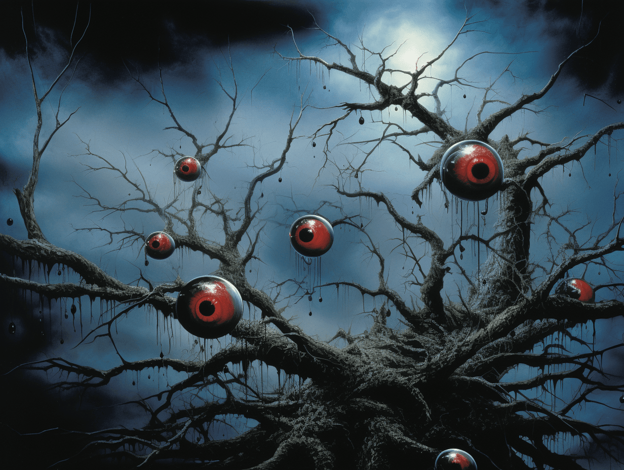 AI generated: flies on top of twigs and roots in the sky, in the style of tony oursler, finely textured brushwork,...