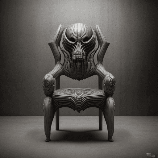 AI generated: huge HR Giger style chair, concept furniture, painting on grey, hyper realistic, illustration, digit...