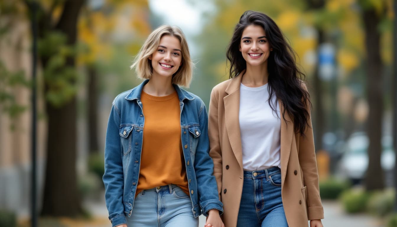 AI generated: Two young Caucasian women are walking side by side and holding hands. The woman on the left is Slend...