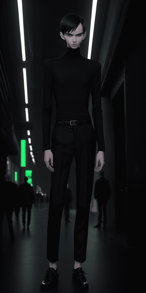 AI generated: [[[((clothing with the smallest details)), A slender young man to a classic black turtleneck with bl...