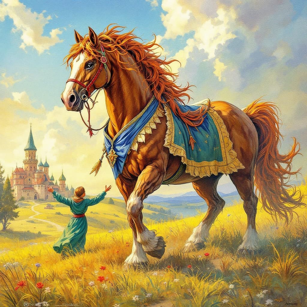 AI generated: to make a poster of “The Hunchback Horse”. It is necessary to depict the Beautiful Princess, Ivan, t...