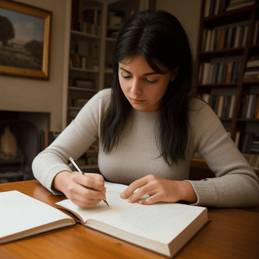 AI generated: a Woman writing a book in her house 