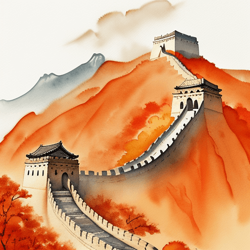 AI generated: watercolor painting of the Great Wall in autumn, in the style of a Chinese ink painting, with an ora...