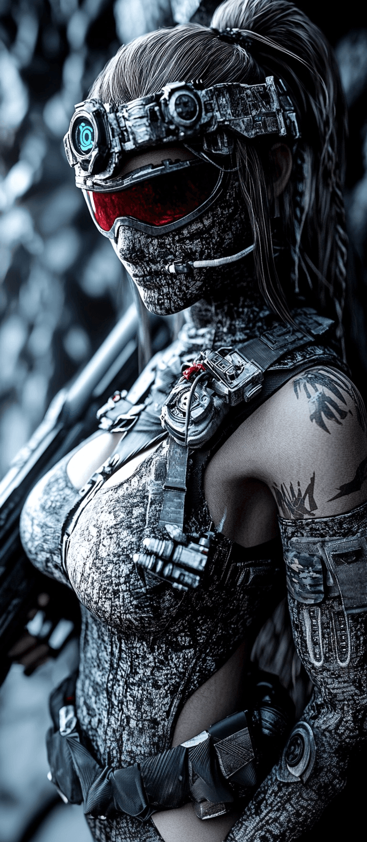 AI generated: A female alien wearing armor, full body, in the style of cyberpunk, with a war-torn face mask and re...