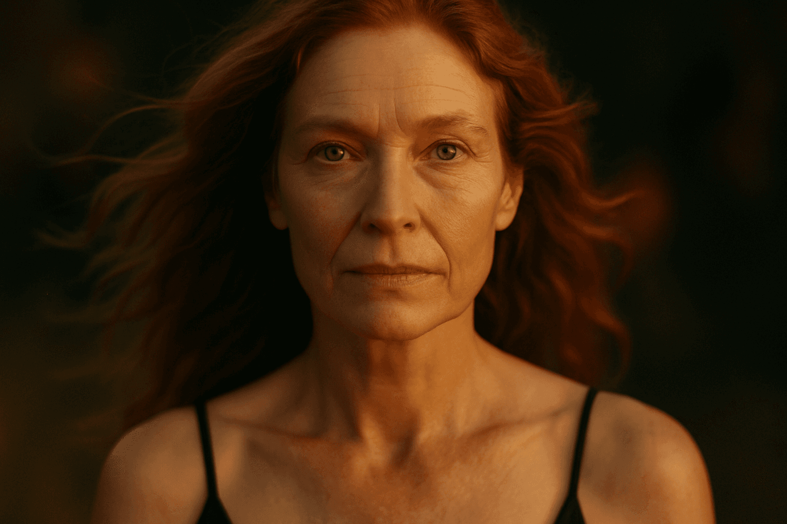 AI generated: A close-up cinematic portrait of a mature woman with flowing red hair, clear blue-green eyes, and na...