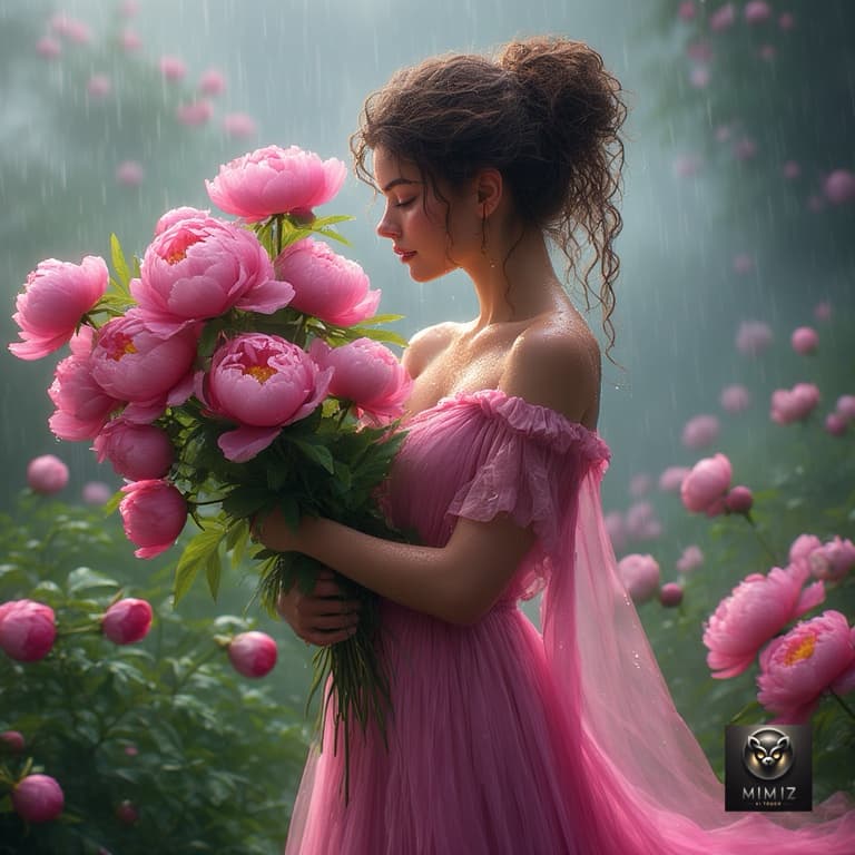 AI generated: woman in soft pink flowing dress standing in the rain, holding oversized pink peonies, droplets on s...