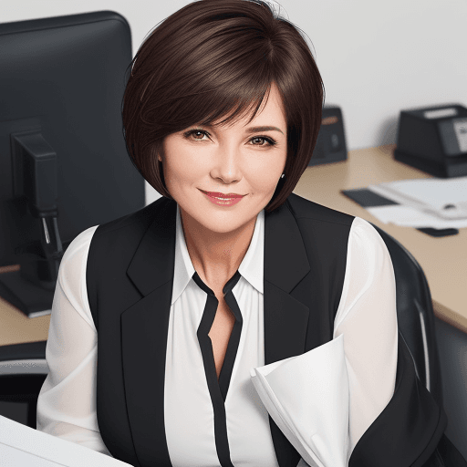 AI generated: Short brown short cut hair charismatic but soft smiling woman in her 50s. Seen busy and enthusiastic...