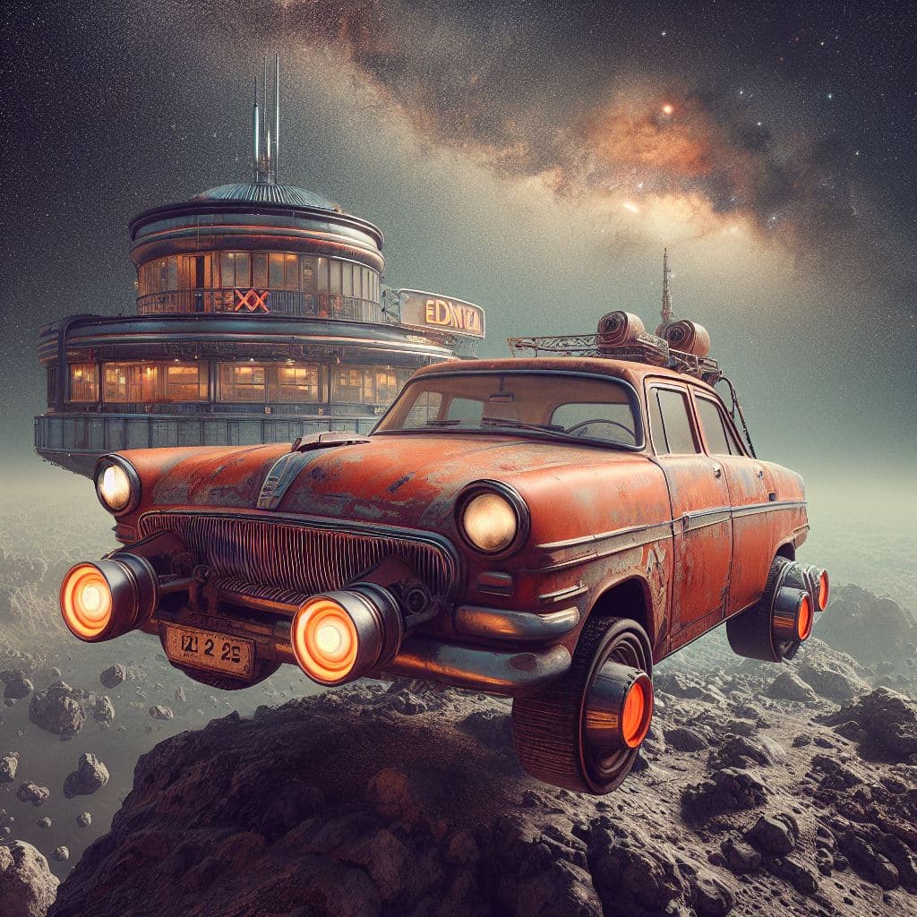 AI generated: photorealism,ultrarealism, vintage, old, ussr, rusty, soviet, car iz 2 1 2 5!!! as a realistic scifi...