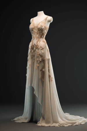 AI generated: Front view of a dress, elegant design, featuring lace and embroidery at the bodice, shot from a side...
