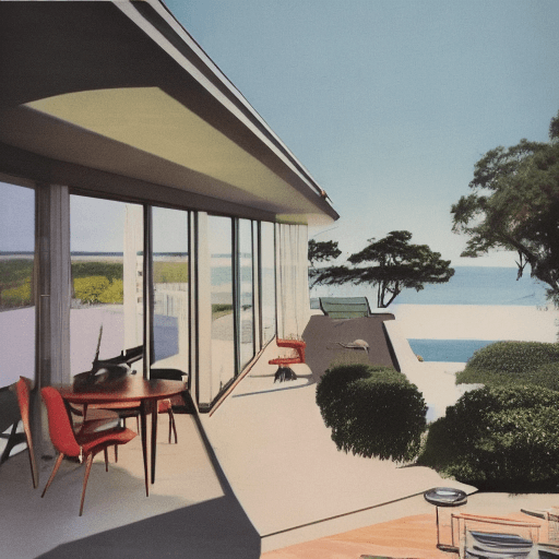 AI generated: Hyper realistic eye level exterior photo of a mid century modern style house overlooking the ocean, ...