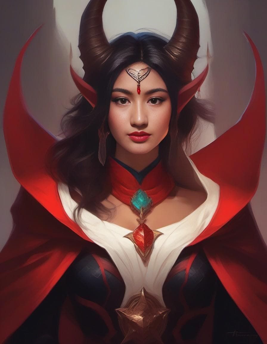AI generated: painting of a woman with horns and a red cape, tiefling, portrait of demon girl, tiefling female war...