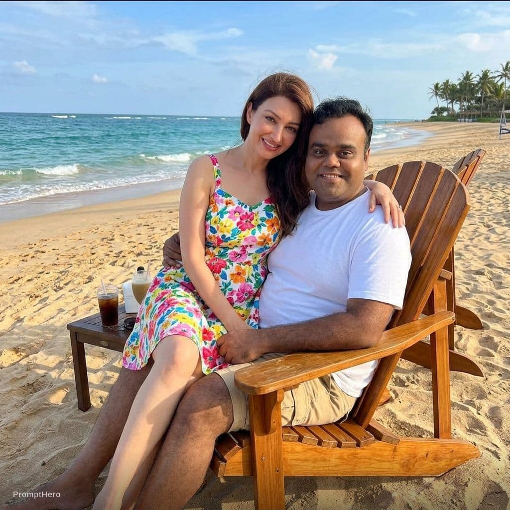 AI generated: Make them at a beach sitting in a single chair with the girl sitting on the boys lap