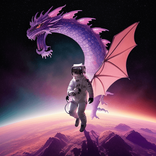 AI generated: an astronaut on a fire breathing dragon walking on a cloud galaxy with start dust shimmering around ...