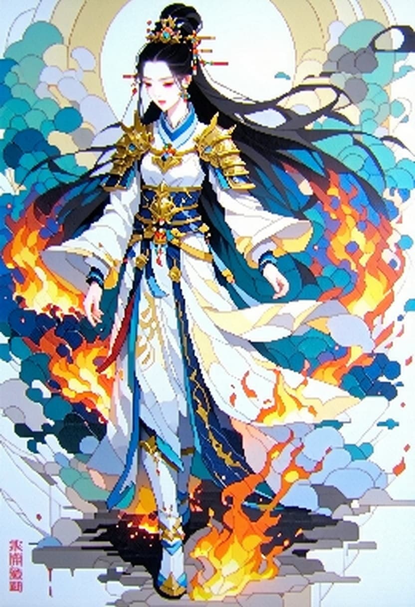 AI generated: a girl with long dark hair and golden armor is walking on fire, in the style of tristan eaton, tradi...