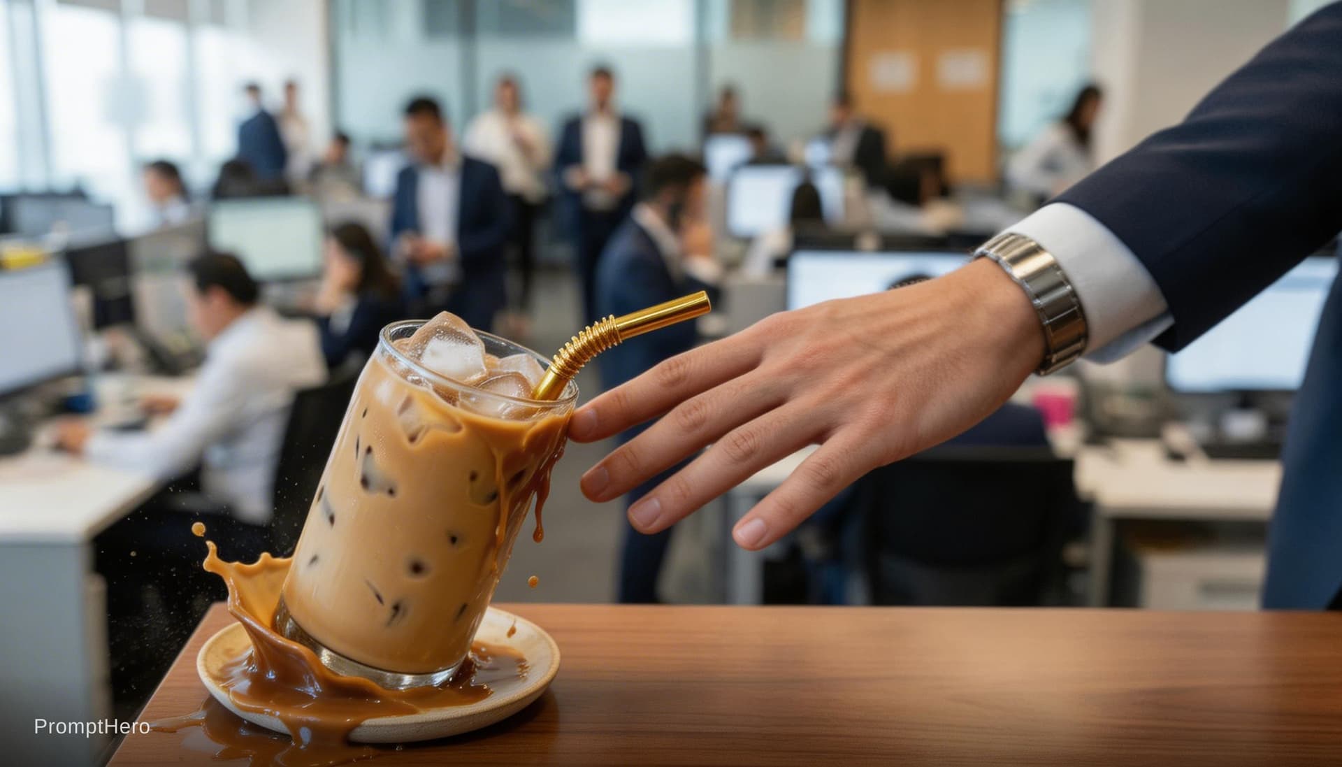 AI generated: I want scene hand appear and  by accident back of hand push coffee and drop but camera doesn't move ...