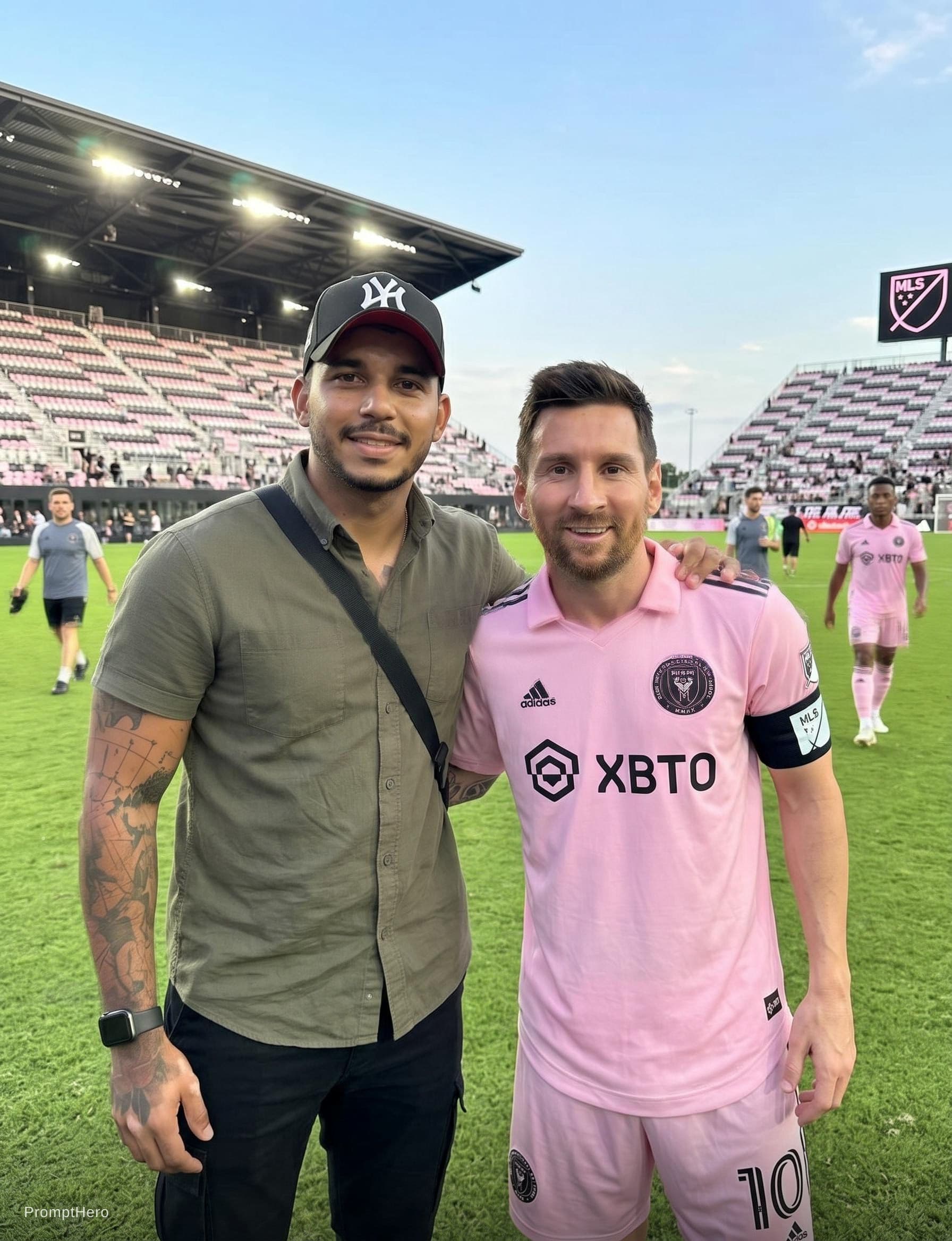 AI generated: Me standing beside messi in football ground 