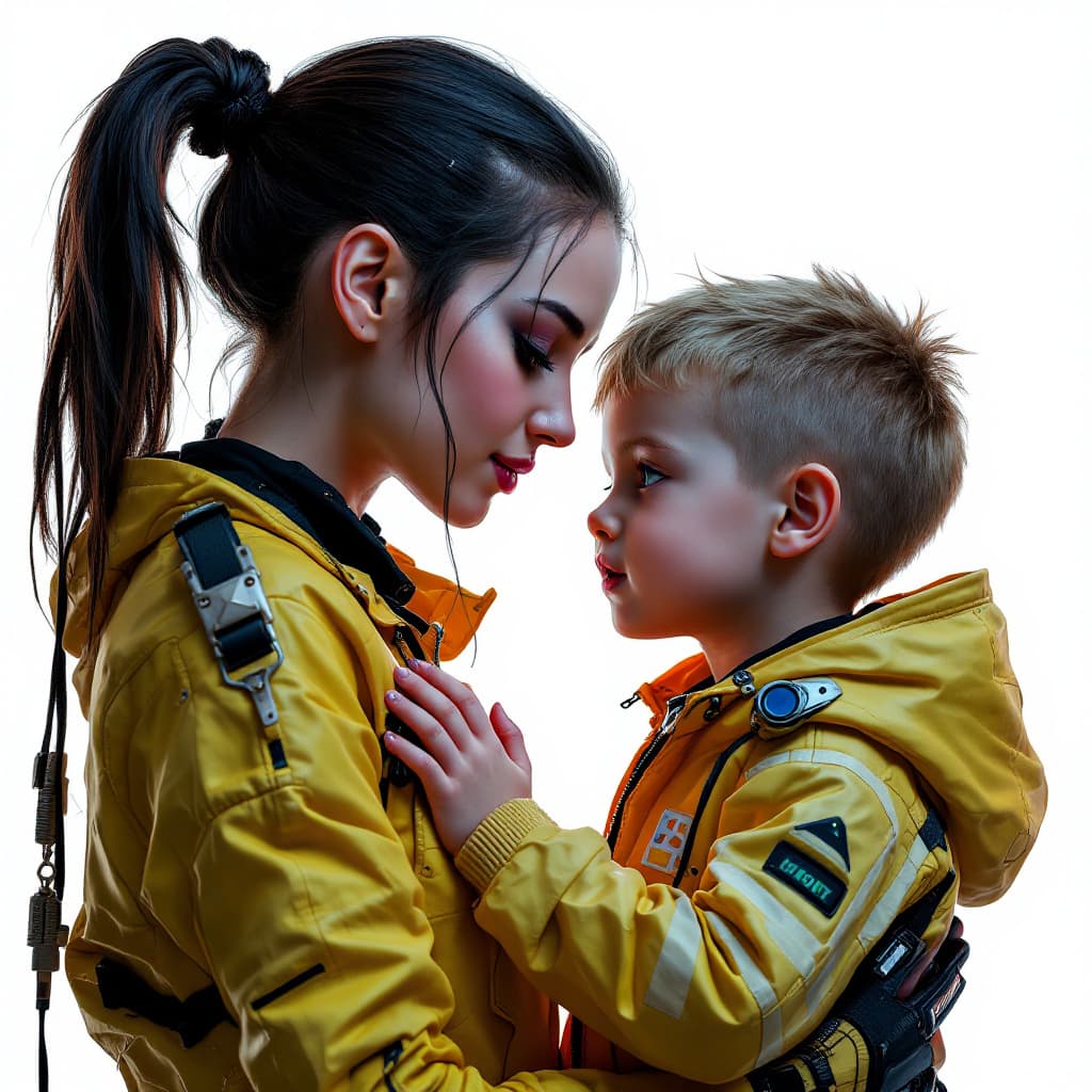 AI generated: Cyber Punk mother and little cute son holding each other on a white background, 8k