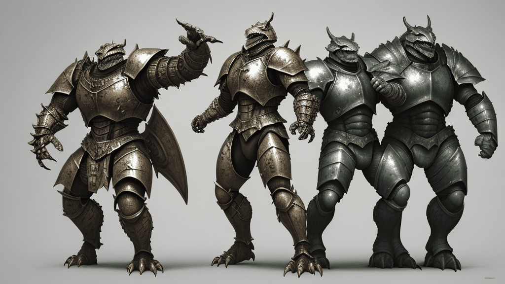 AI generated: human male Armoured warriors fightingscary monsters
