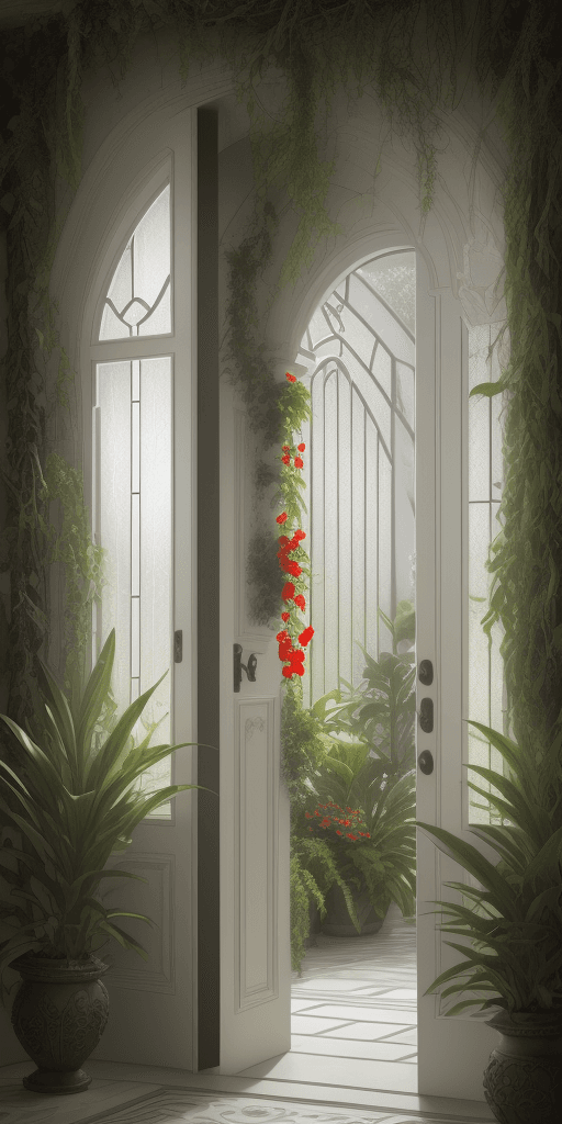 AI generated: Photo of an ultra realistic door, through the door is an indoor garden, water feature, high society,...