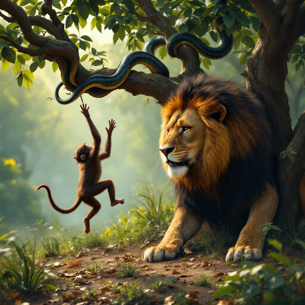 AI generated: a monkey falliny from a tree while running from 
a alakunda snake, with the lion waiting for it on t...