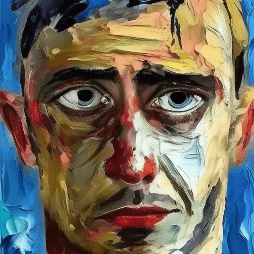 AI generated: painting of sad man face, eyes are teary, holding face, pallet knife painted, thick textured, thick ...