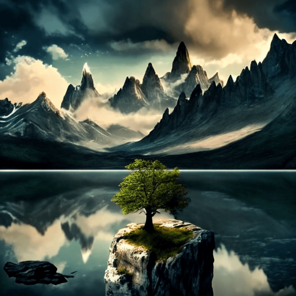 AI generated: a lone tree is on a rock in the middle of a lake surrounded by mountains and clouds in the distance,...