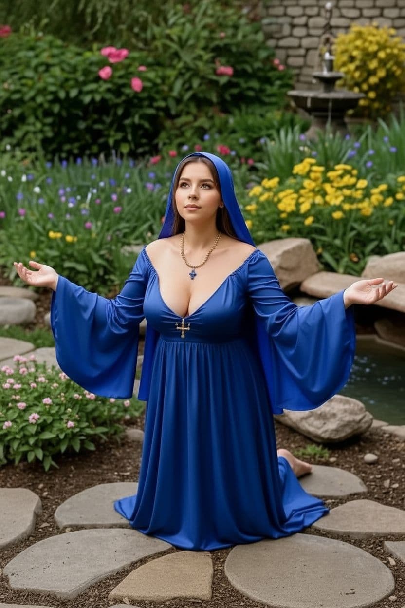 AI generated: Christian nun of this picture, same clothes, kneeling in prayer with her hips raised high