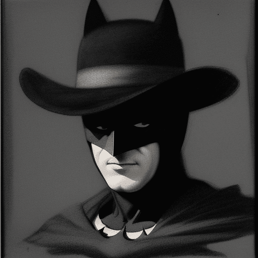 AI generated: charcoal drawing by Odilon Redon, sketch, batman with a party hat, hint of a smile, 300mm x 300mm, 3...