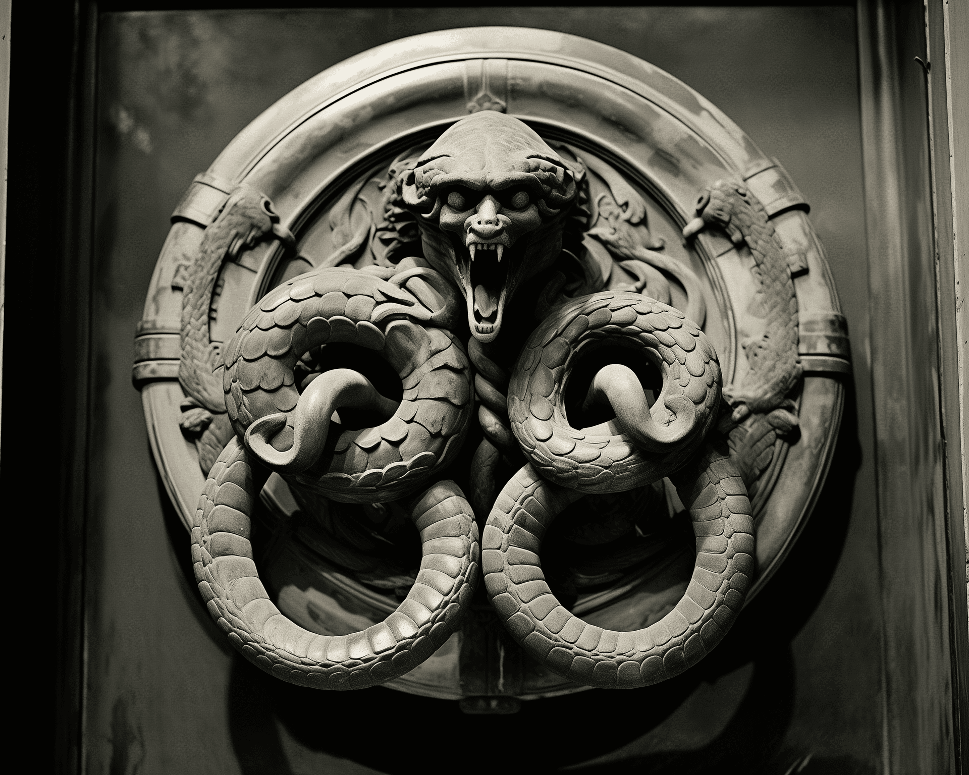 AI generated: old photograph of an ancient Roman door knocker with snakes wrapped around it, by william henry bRAT...