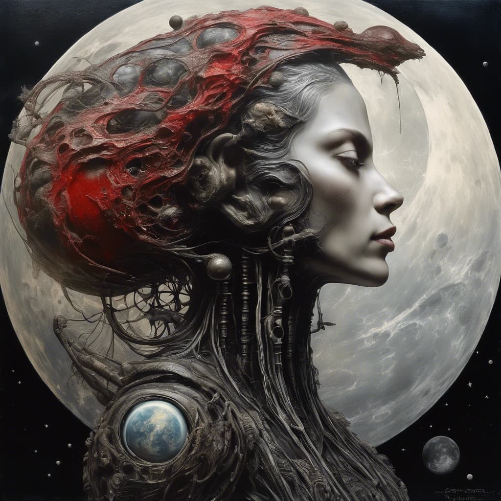 AI generated: side view, the beautiful Lady android of the moon : botanical fusion : oil painting by Emil Melmoth,...