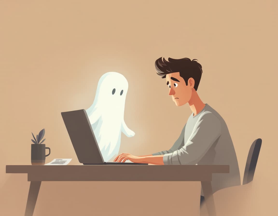 AI generated: A young man sitting at a modern desk, looking slightly concerned while using a laptop. From the scre...