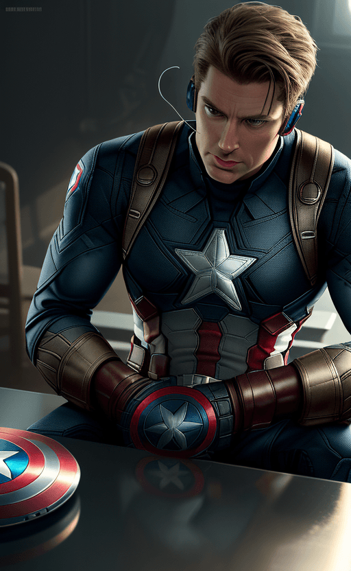 AI generated: earphone on the table with the design and character of captain america The earphone is gold and whit...