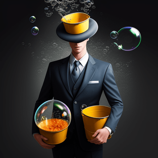 AI generated: High resolution photographyman in a suit with a bucket on his head carrying and with a background of...