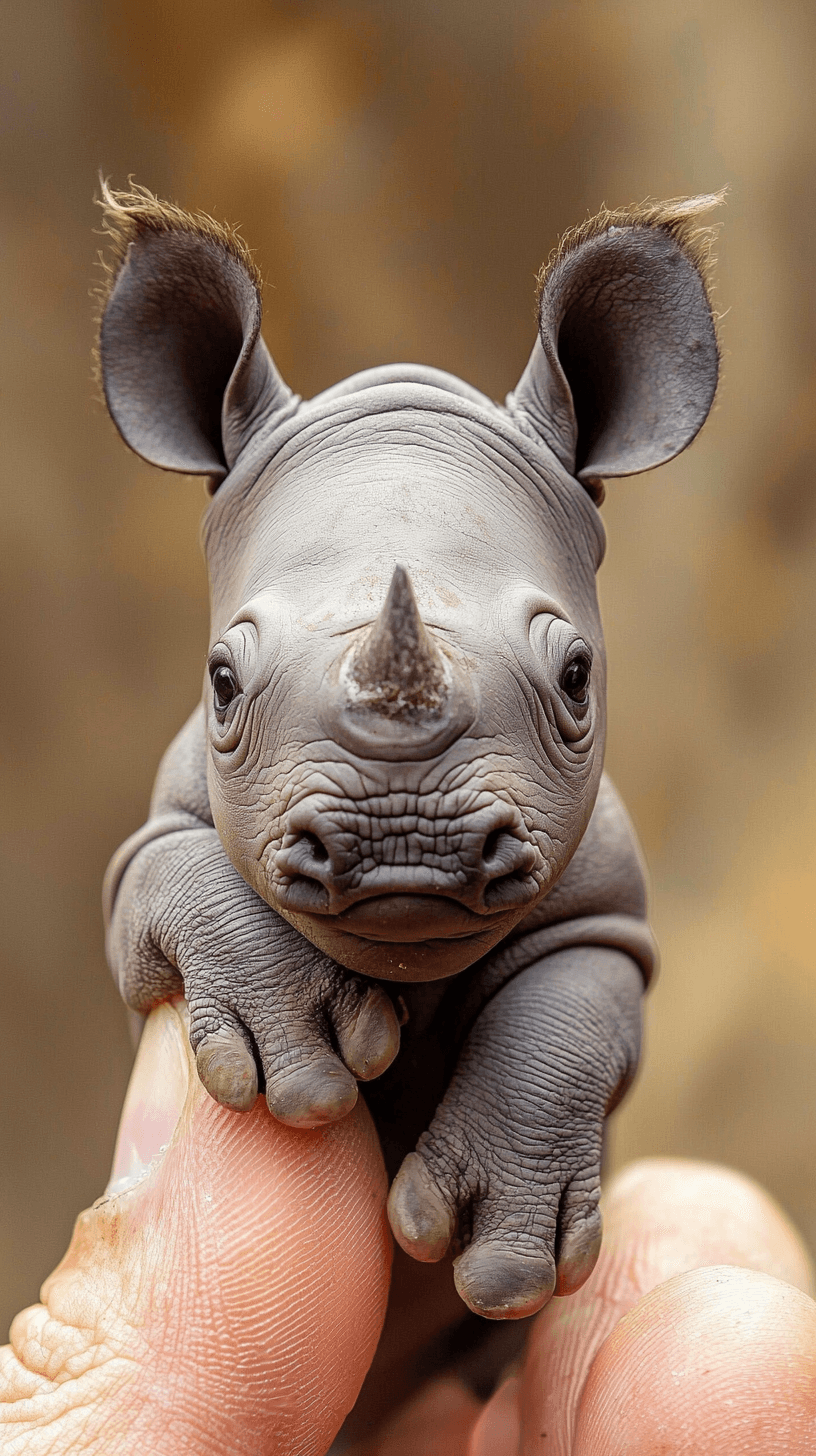 AI generated: A close-up image of an unbelievably tiny and irresistibly cute newborn rhino calf, so small that it ...